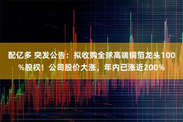 配亿多 突发公告：拟收购全球高端铜箔龙头100%股权！公司股价大涨，年内已涨近200%